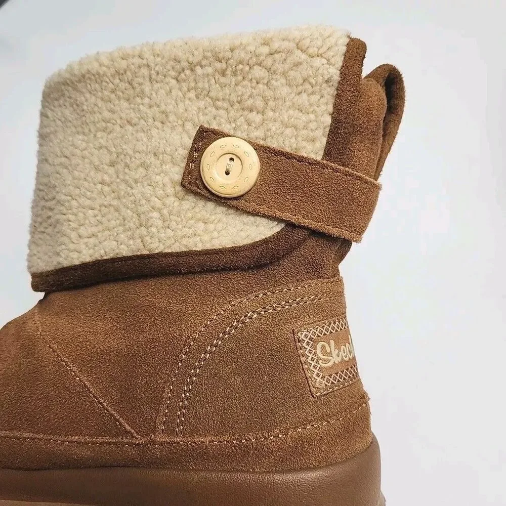 Skechers Boots Chestnut Brown Faux Sherpa Suede Women 10 Flat SN48676 Shoe Ankle